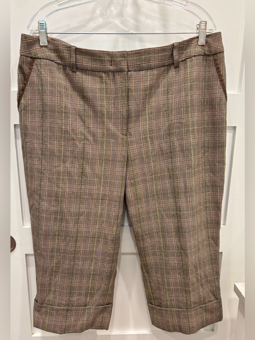 Dalia Plaid Cropped Cuffed Capris in Brown and Tan Plaid 16